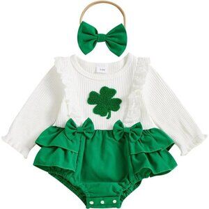 St. Patrick's Day Baby Girl Outfit - Shamrock Long Sleeve Bubble Romper 0-18M